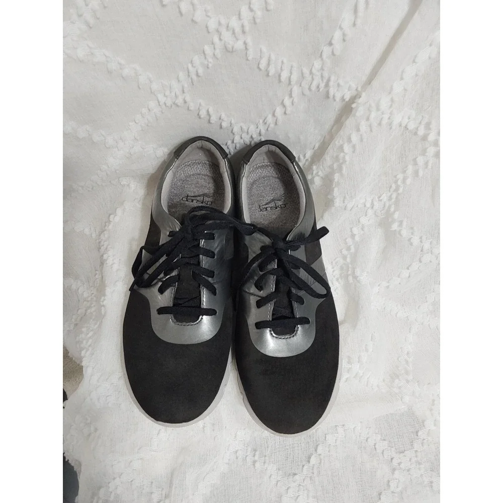 Dansko Women 39 Black‎ Suede Metallic Silver Leather Sneakers 4451951897 Lace Up